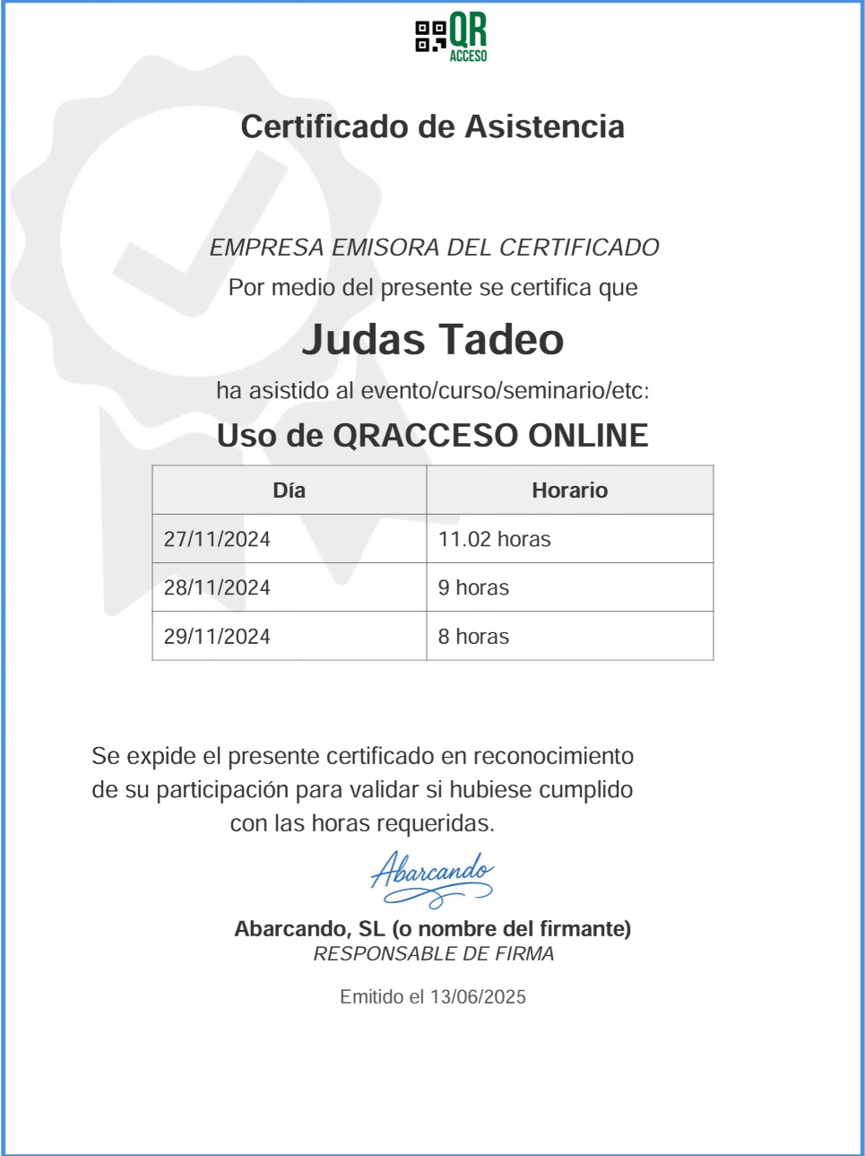 Ejemplo CERTIFICADO DE ASISTENCIA en PDF enviado por email, se puede personalizar totalmente a su medida usando HTML+CSS, lo que supone que con cualquier inteligencia Artificial lo puede modificar al 100% para su caso de uso